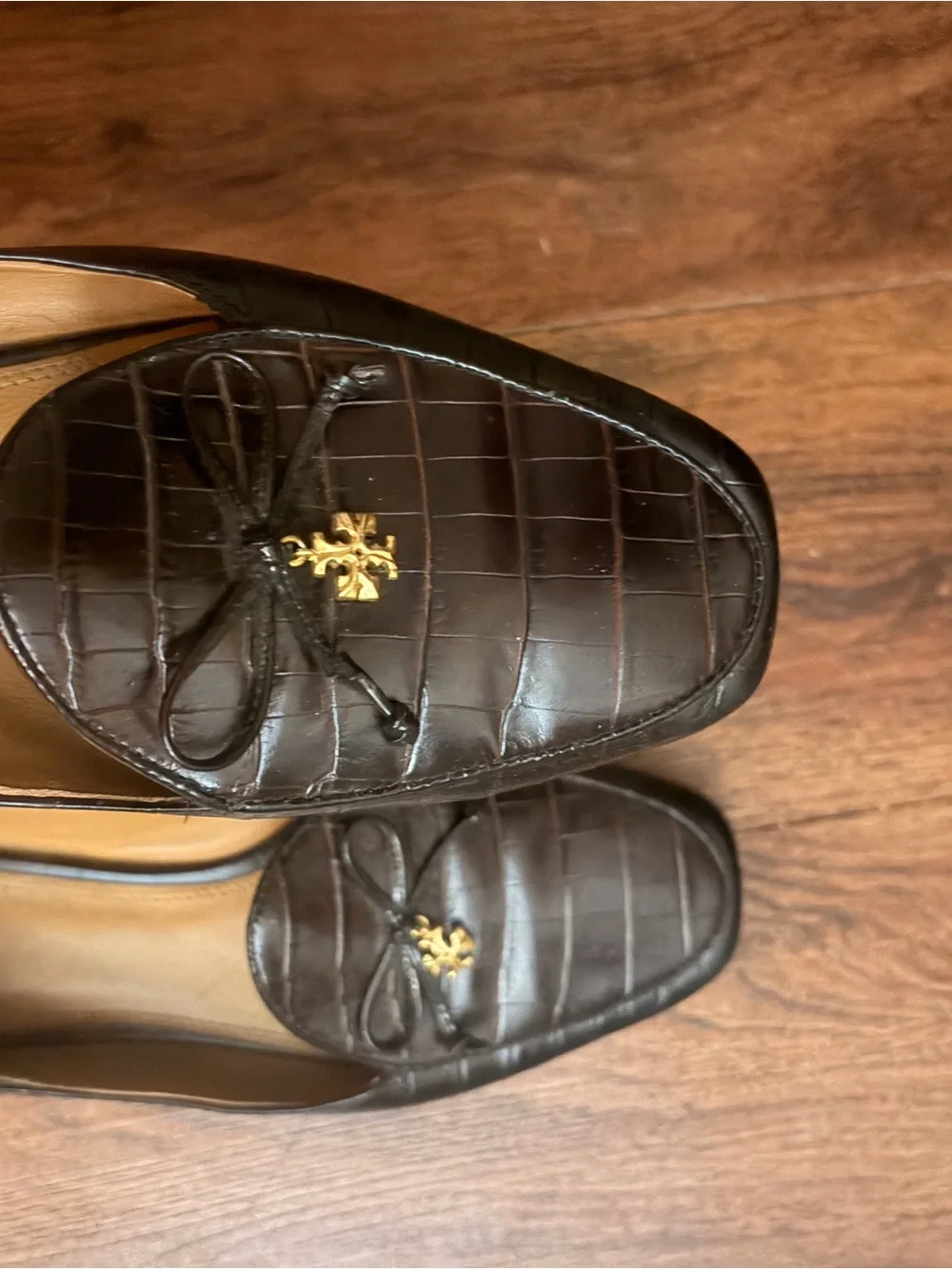 Tory Burch Dark Brown Croc-Embossed Leather Loafers with Gold Logo